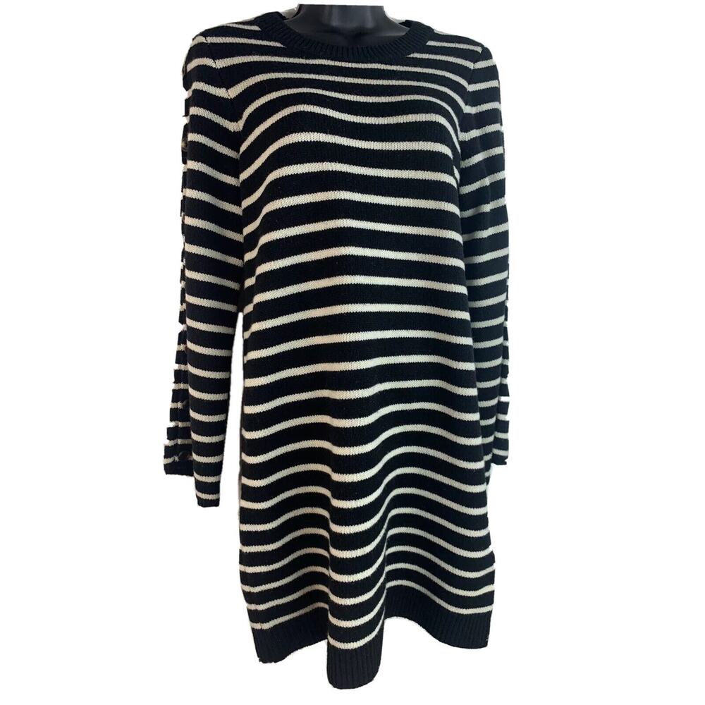 Madewell Merino Wool Sweater Dress Black White Stripe Button Arms small